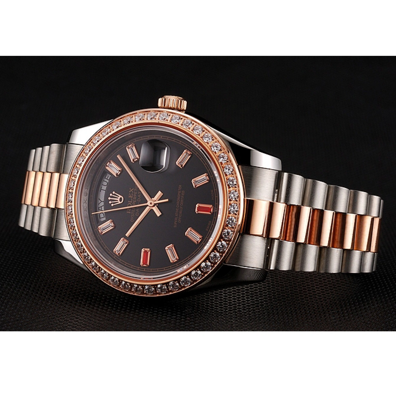 Aaa fake watches Rolex Bracelet Swiss Staineless Dial Rose Black Diamonds Rubies Steel And 1454106 Gold Day-Date And 1029